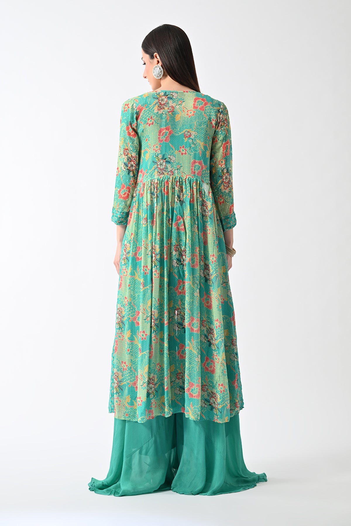 Green Dress with A Printed Shrug