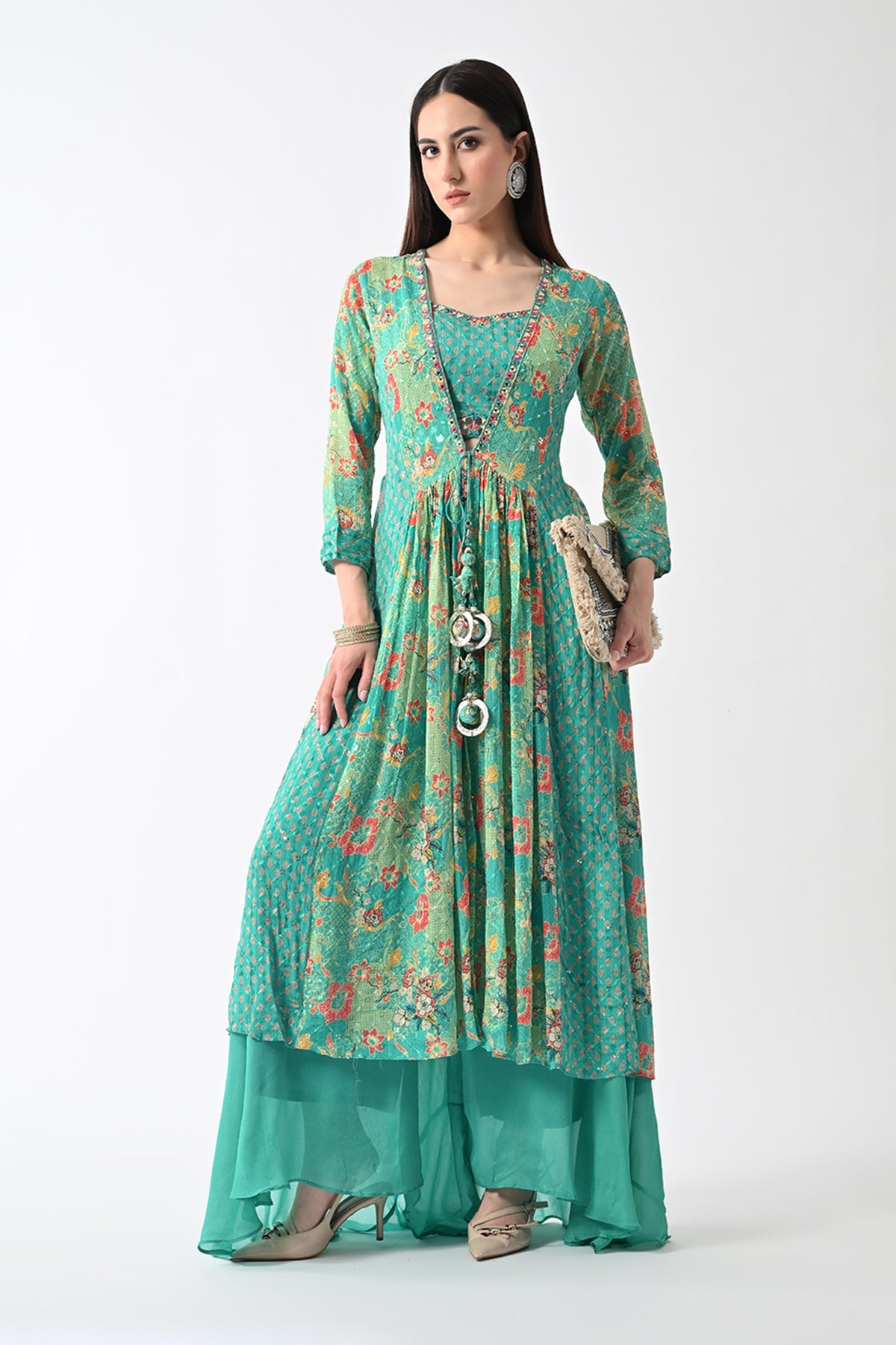 Green Dress with A Printed Shrug