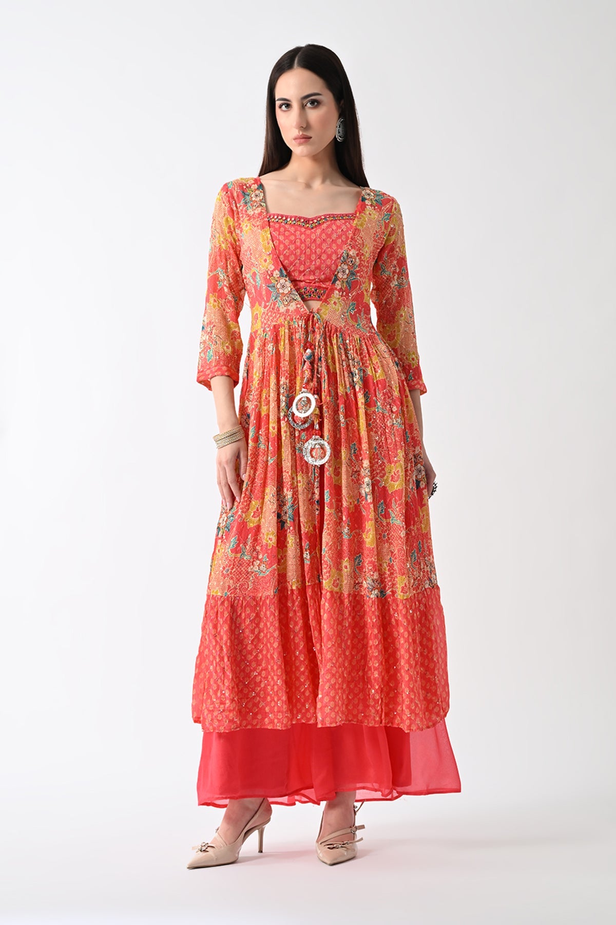 Peach Dress with Printed Shrug