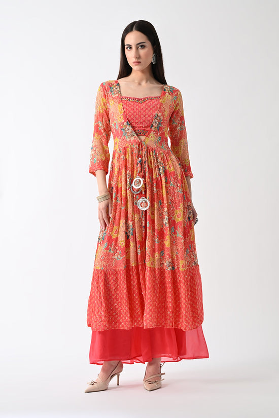 Peach Dress with Printed Shrug (3 Piece)