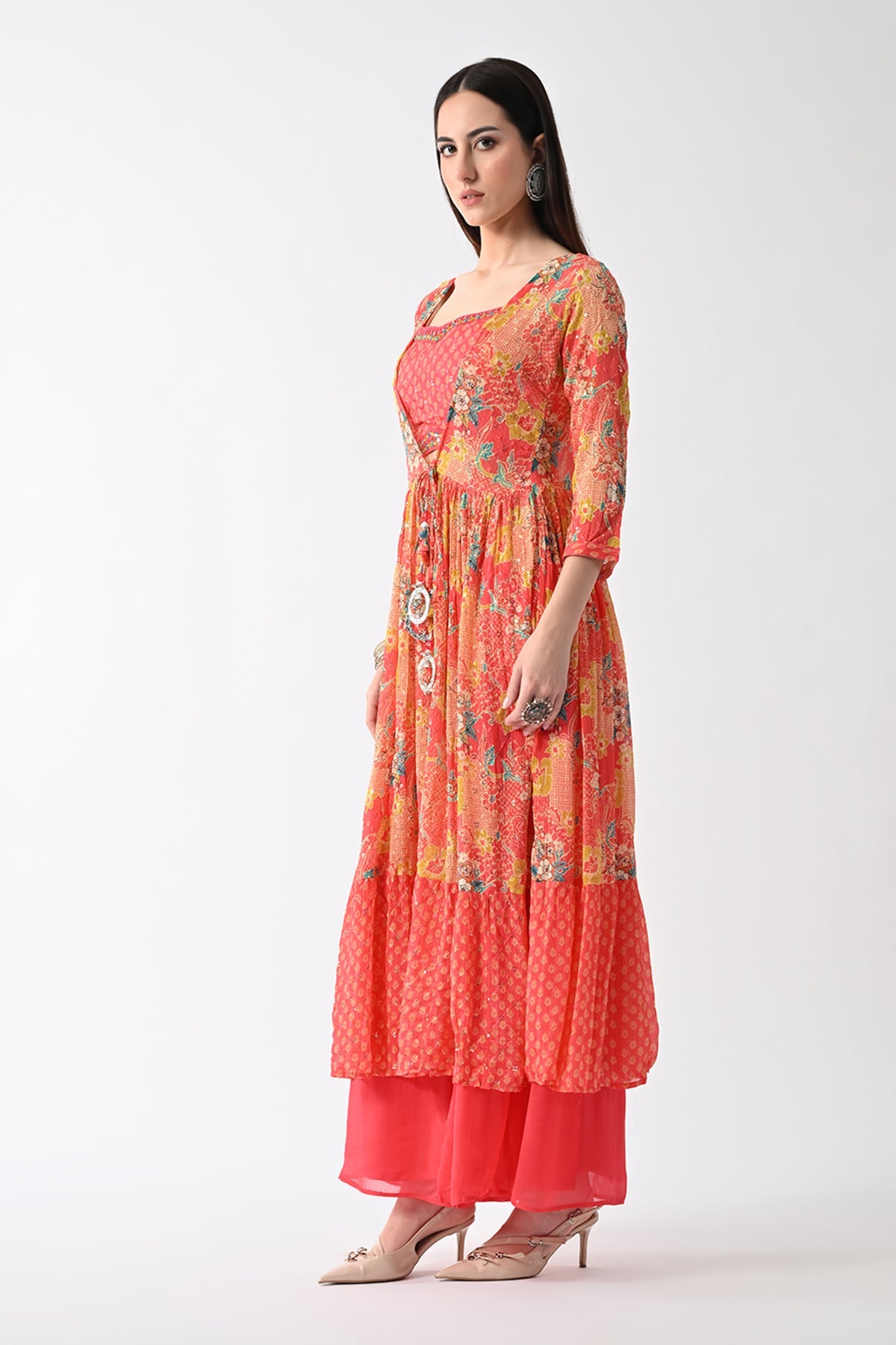 Peach Dress with Printed Shrug
