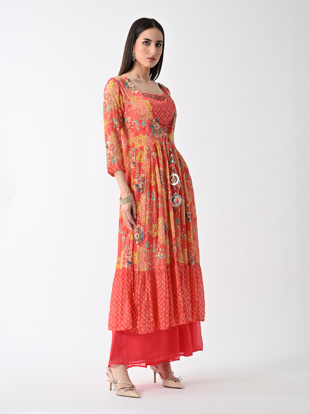 Peach Dress with Printed Shrug