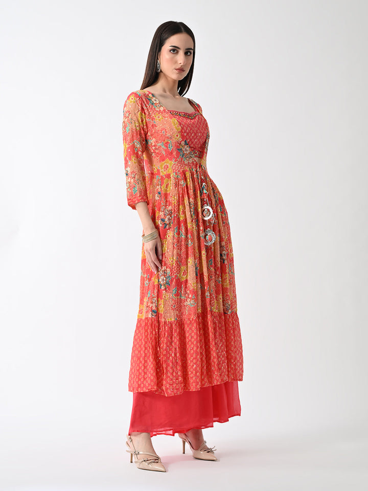 Peach Dress with Printed Shrug (3 Piece)