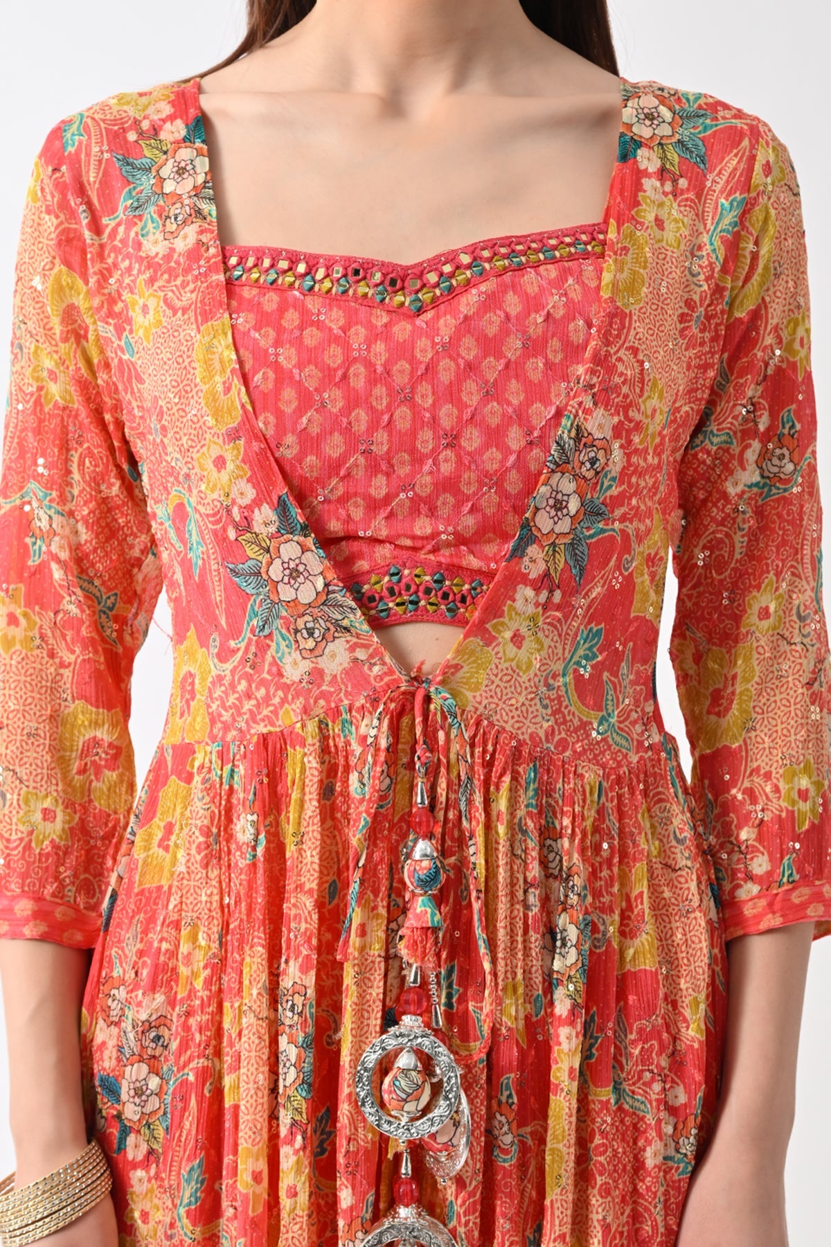 Peach Dress with Printed Shrug