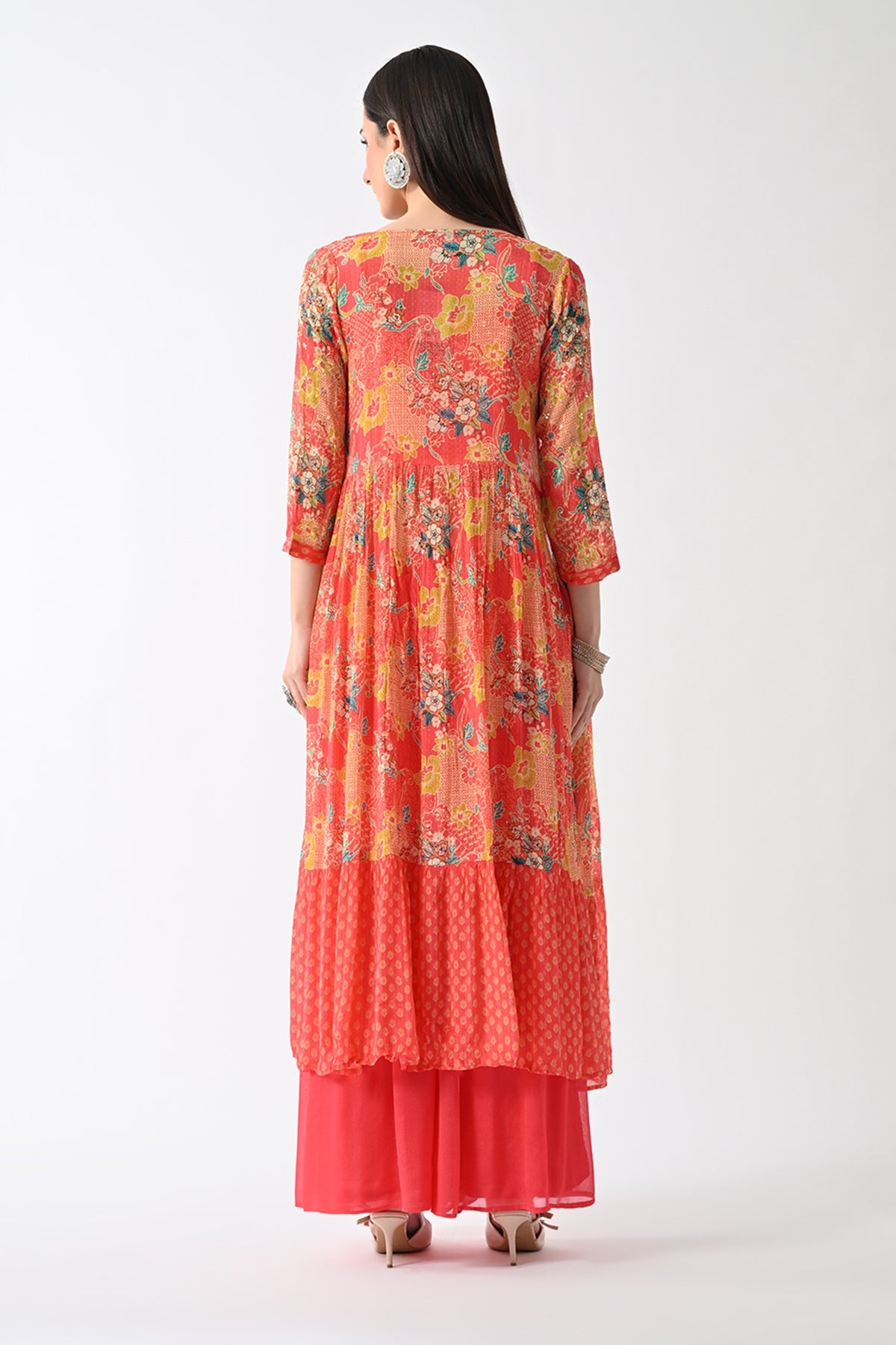 Peach Dress with Printed Shrug