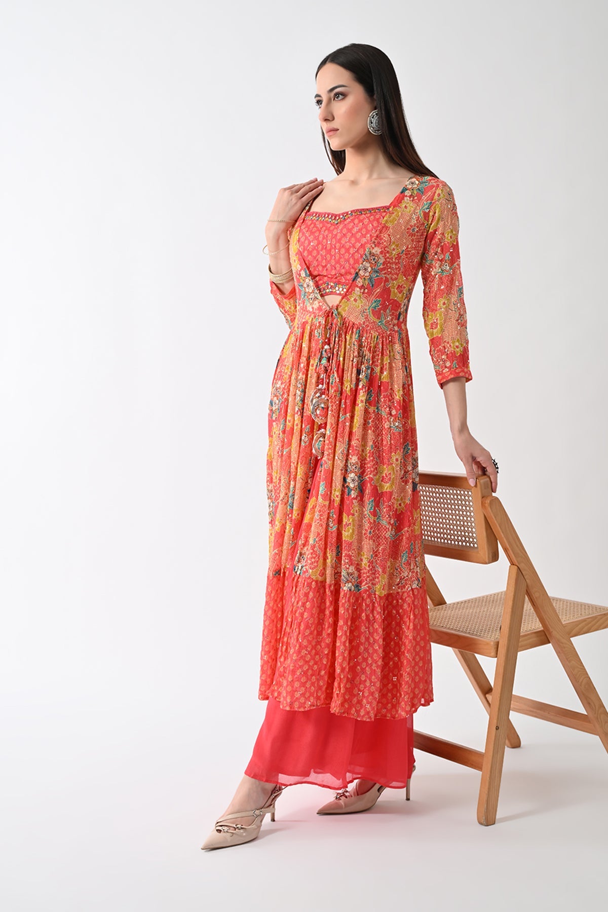 Peach Dress with Printed Shrug