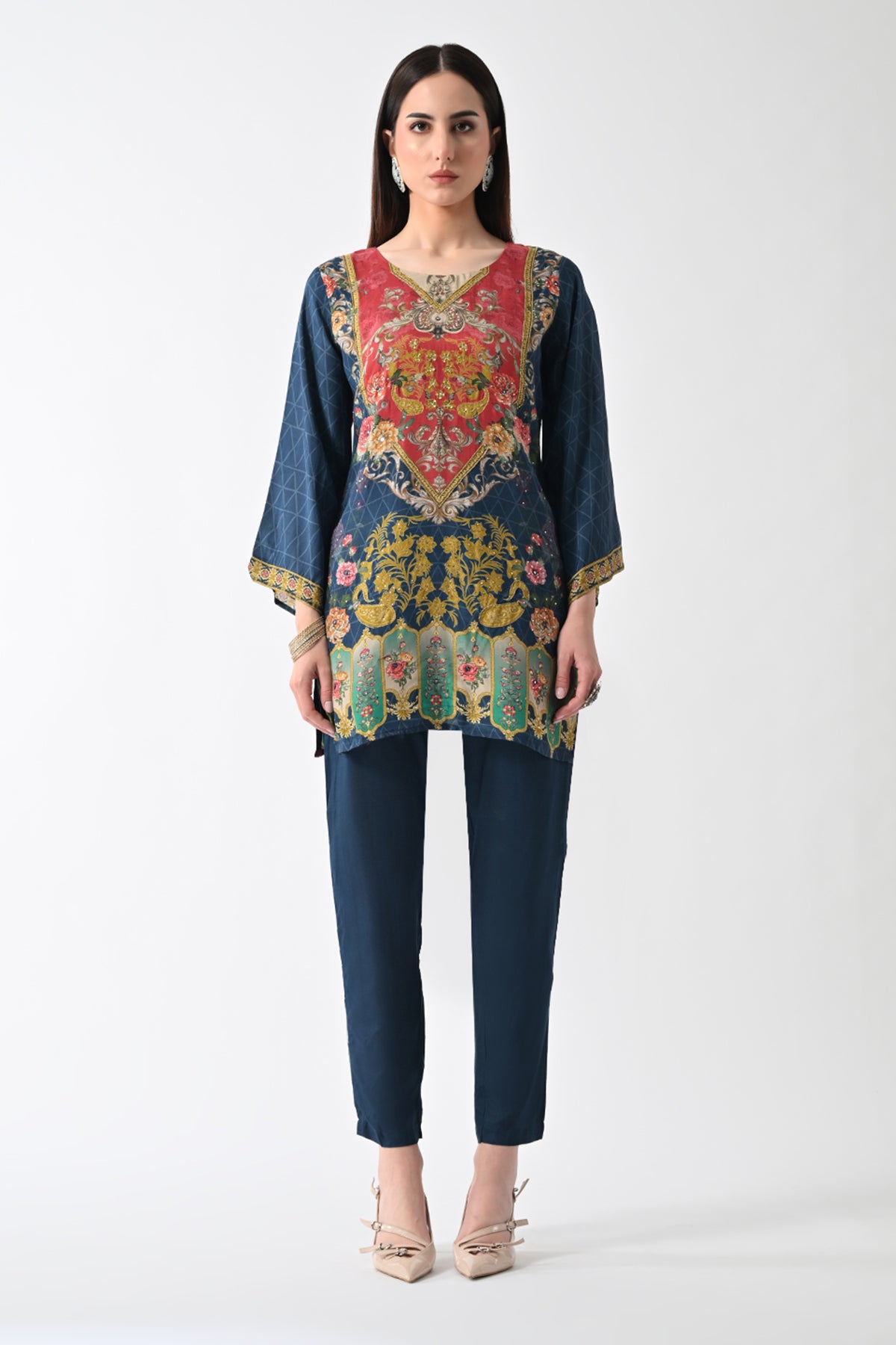 Blue Printed Straight Kurta 2 Pcs Set