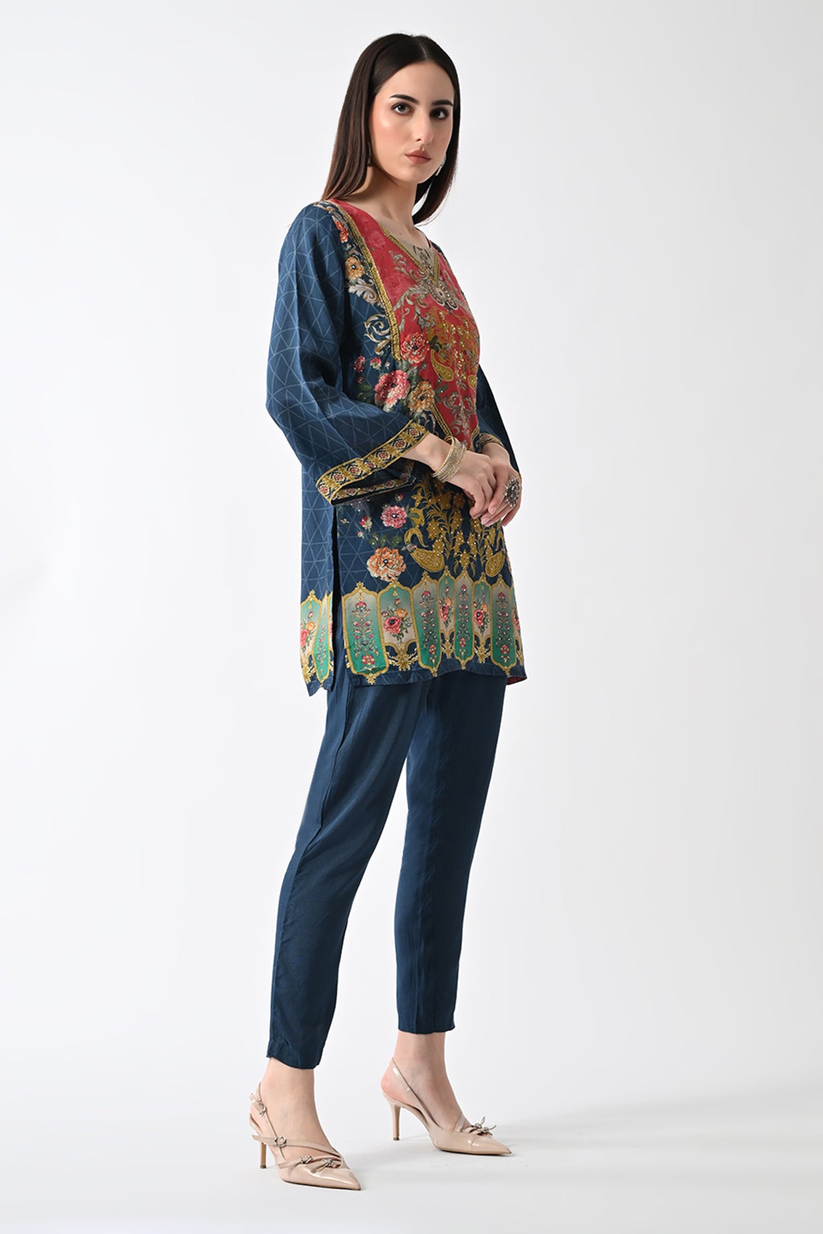Blue Printed Straight Kurta 2 Pcs Set