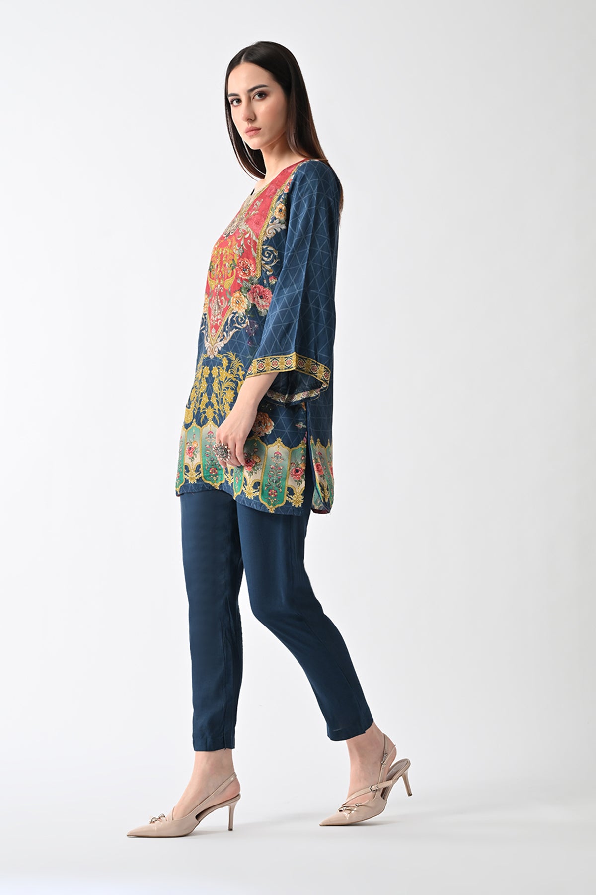 Blue Printed Straight Kurta 2 Pcs Set