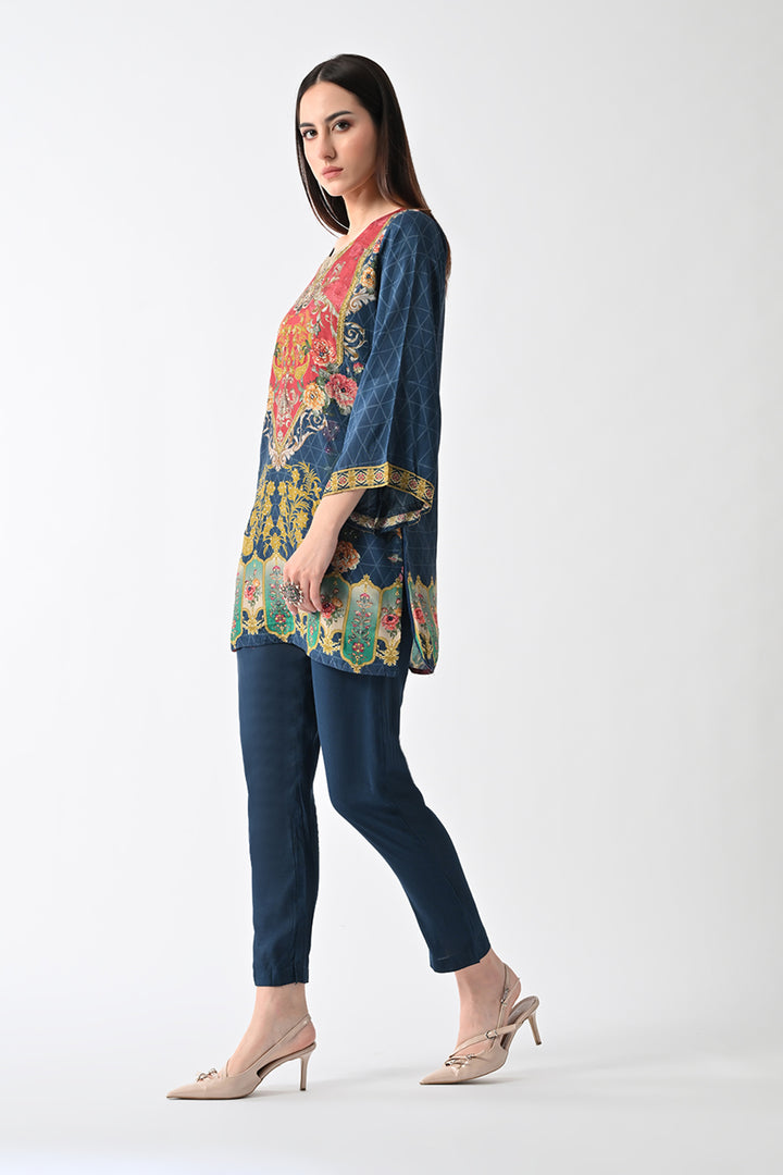 Blue Printed Straight Kurta Set (2 Piece)
