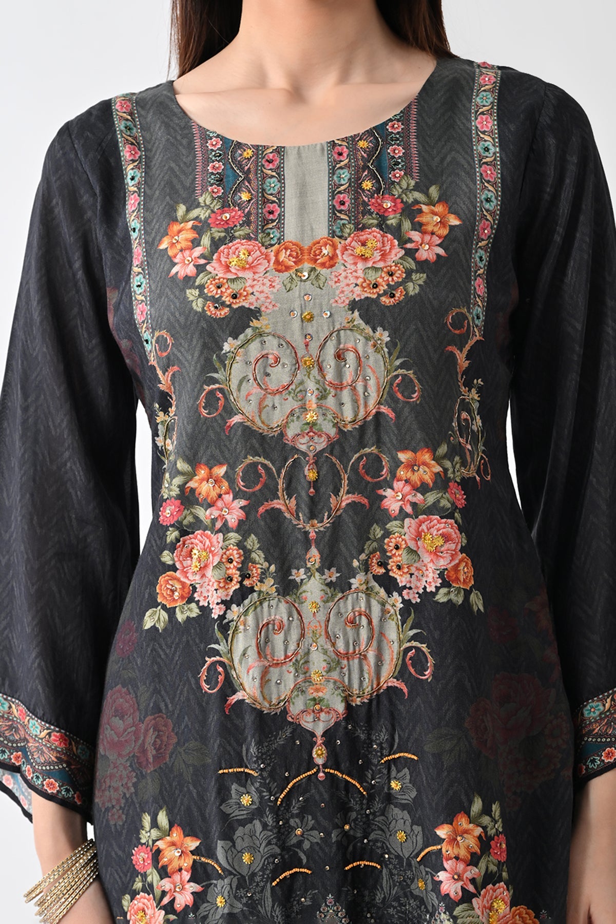 Grey Printed Straight Kurta Set (2 Piece)