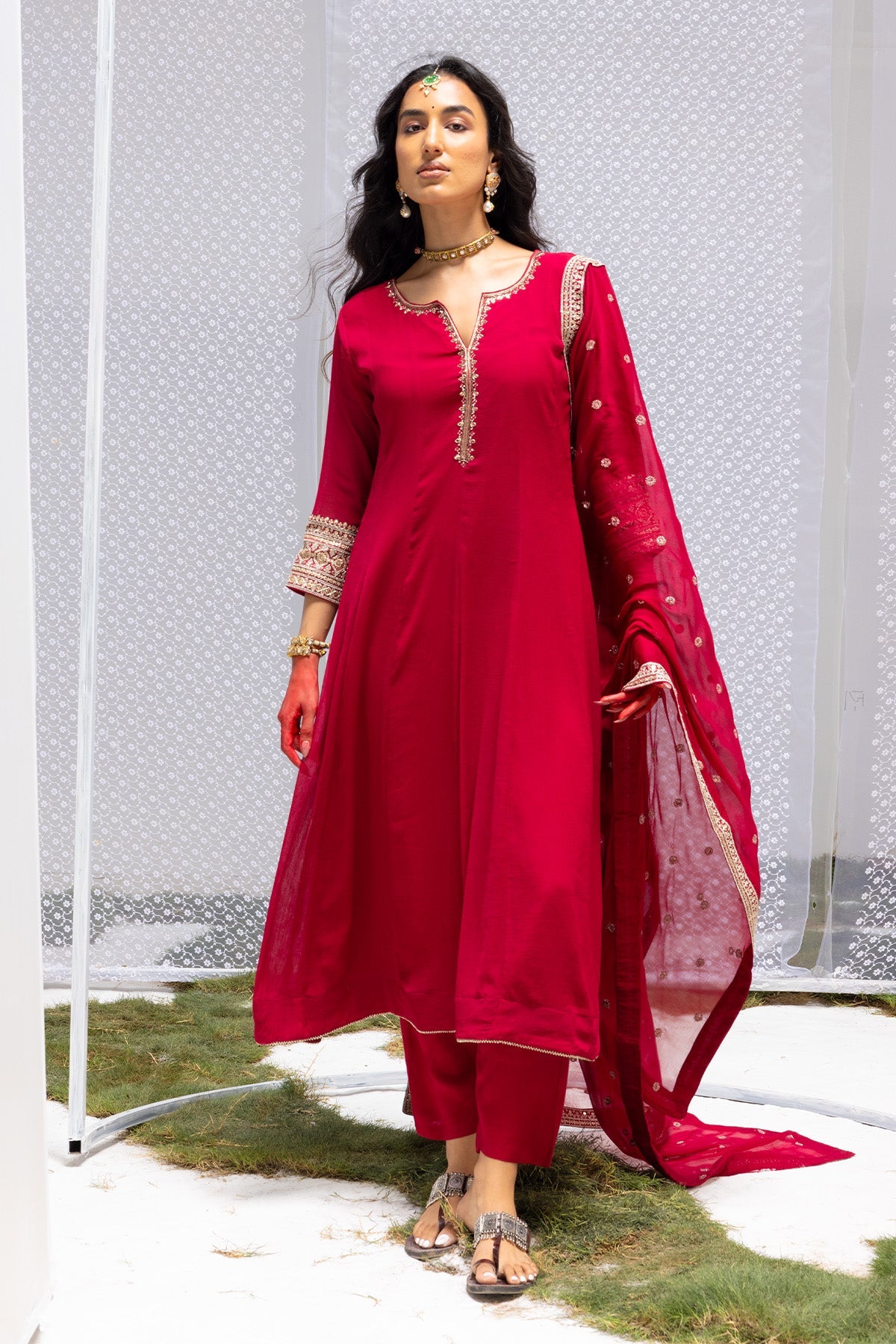 Magenta Embellished Kurta 3 Pcs Set