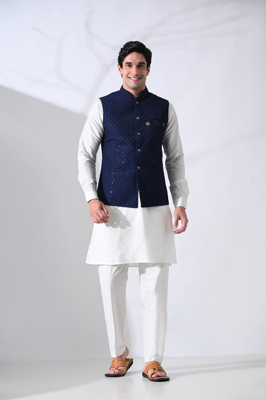 Navy Blue Kurta and Woven Nehru Jacket 3 Pcs Set