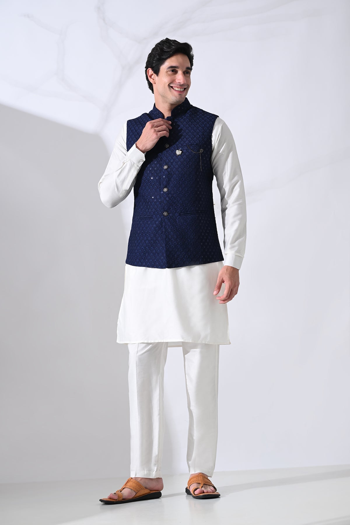 Navy Blue Kurta and Woven Nehru Jacket 3 Pcs Set
