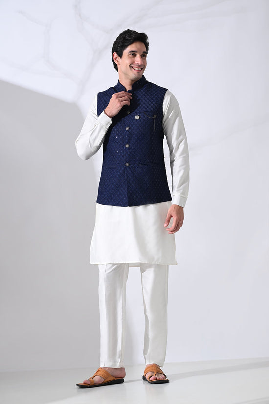 Navy Blue Kurta and Woven Nehru Jacket 3 Pcs Set