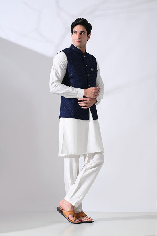 Navy Blue Kurta and Woven Nehru Jacket 3 Pcs Set