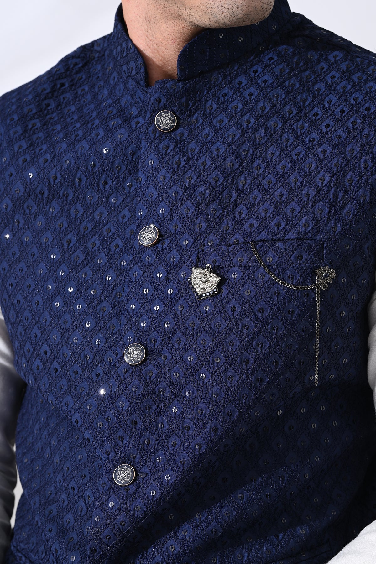 Navy Blue Kurta and Woven Nehru Jacket 3 Pcs Set