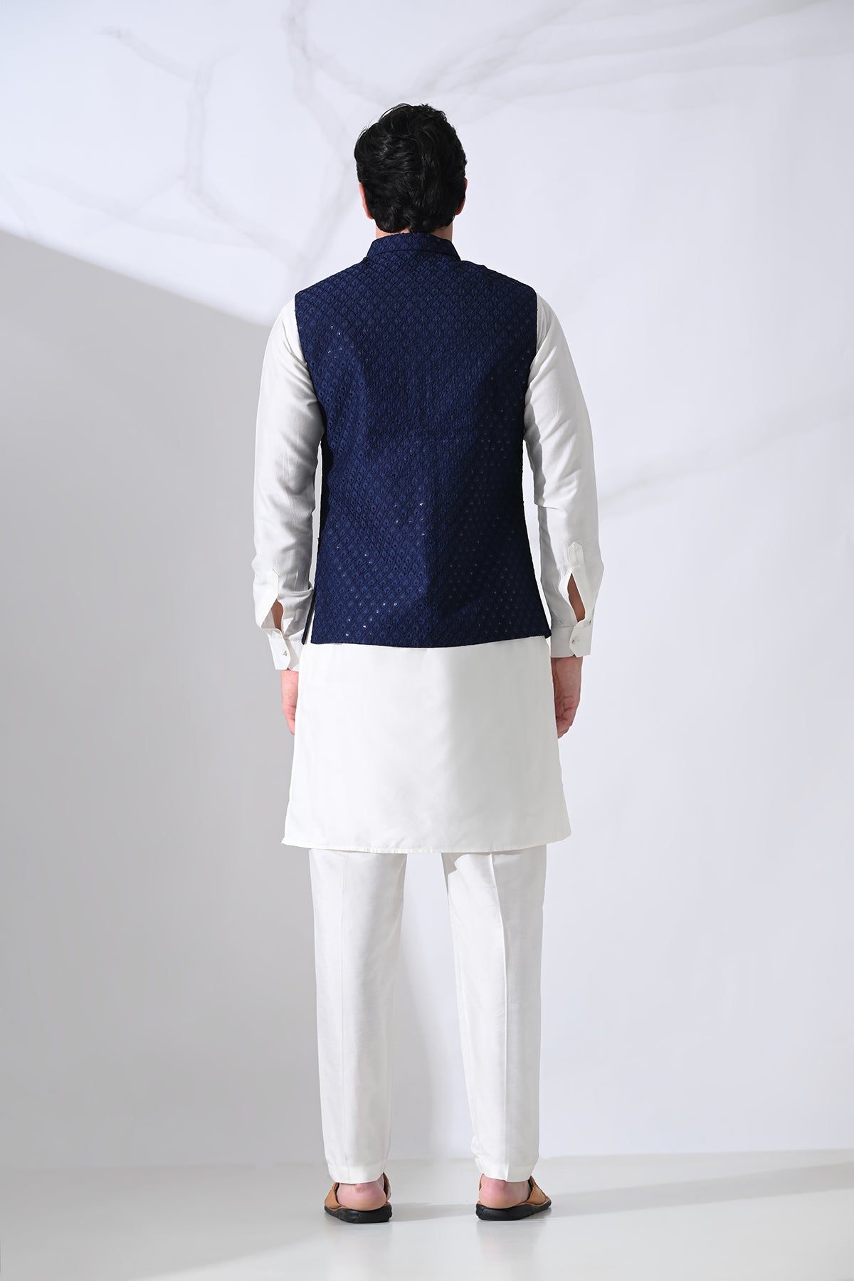 Navy Blue Kurta and Woven Nehru Jacket 3 Pcs Set