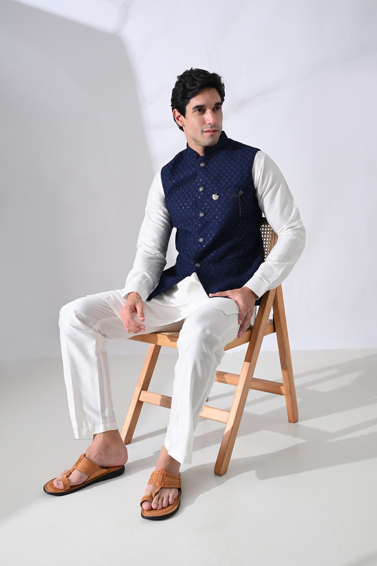 Navy Blue Kurta and Woven Nehru Jacket 3 Pcs Set
