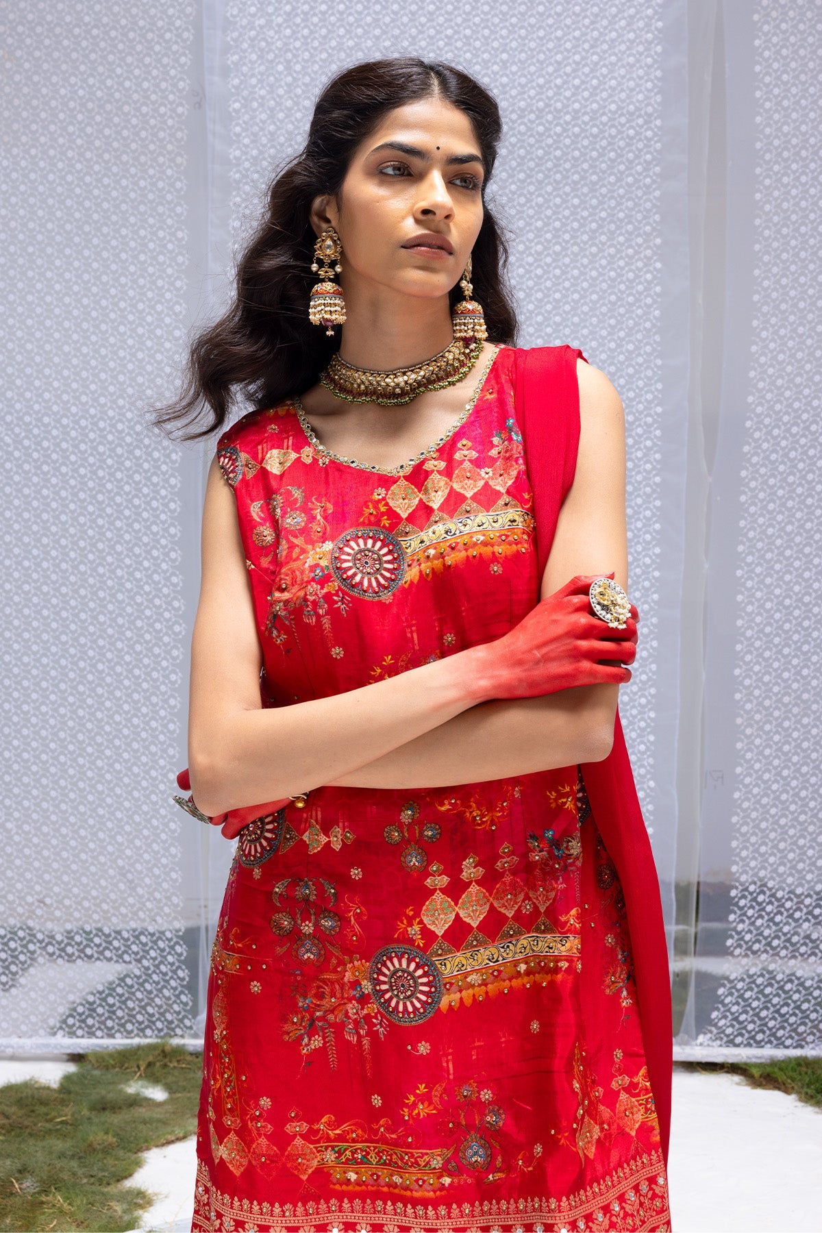 Magenta Embellished Straight Kurta 3 Pcs Set