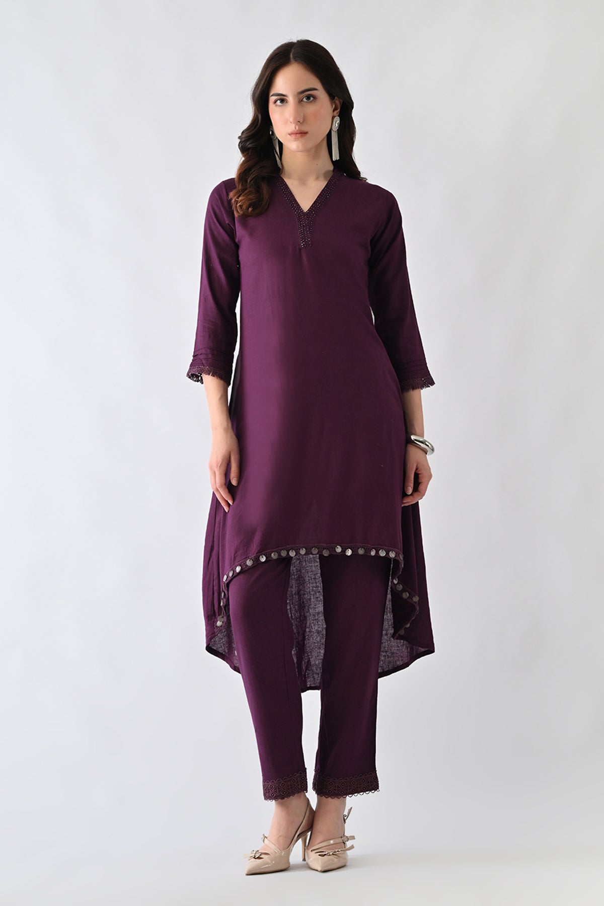 Purple Embellished V-Neck Kurta 2 Pcs Set