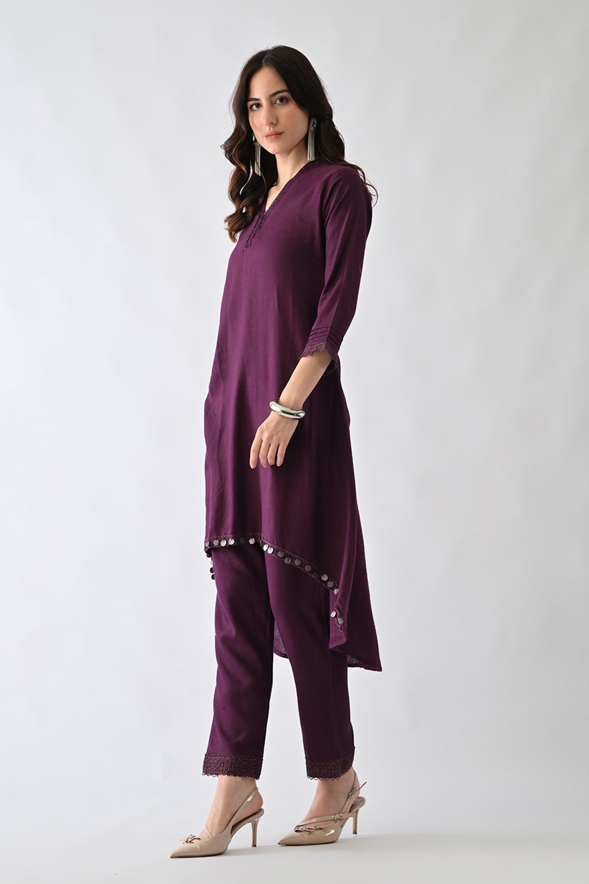 Purple Embellished V-Neck Kurta 2 Pcs Set