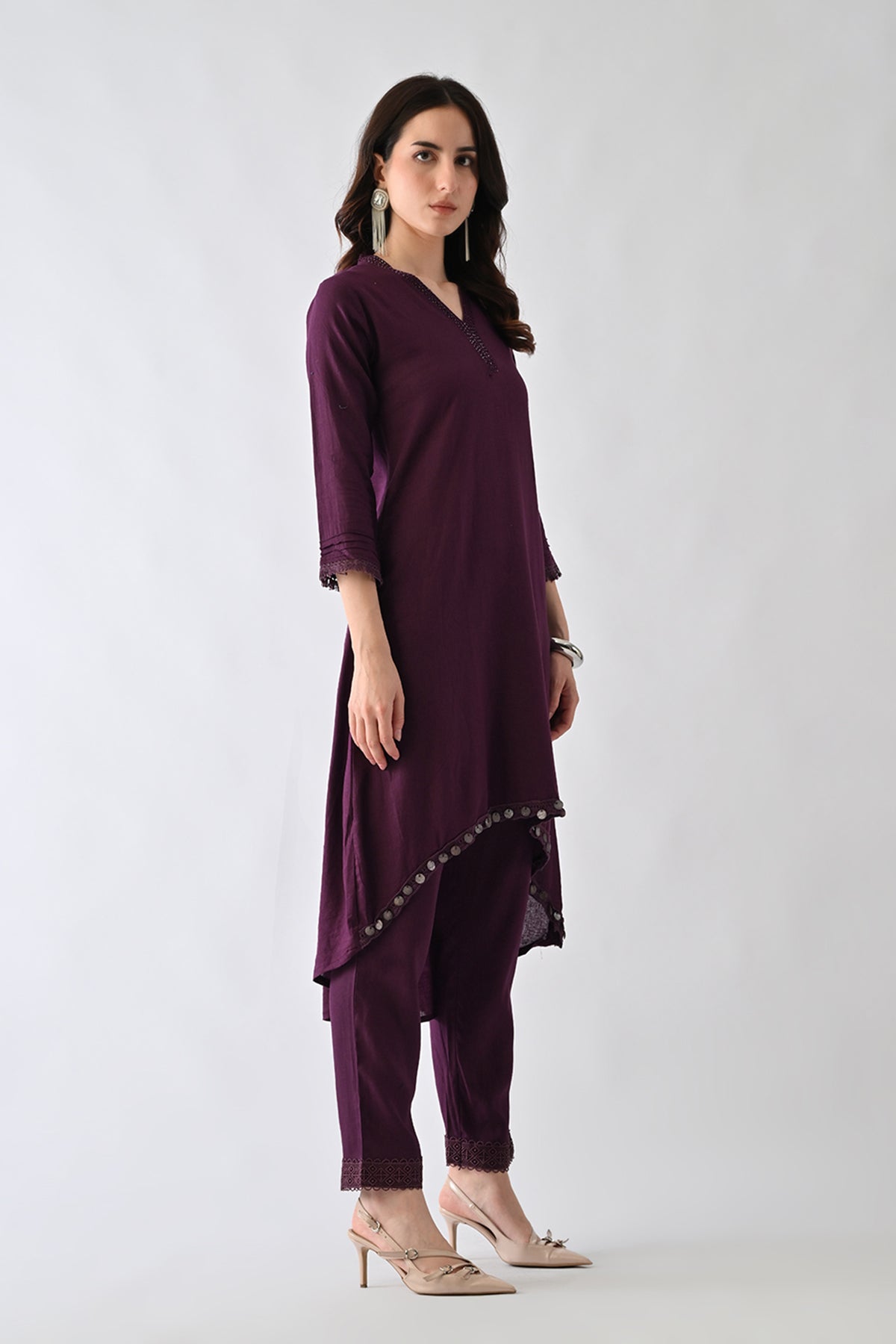 Purple Embellished V-Neck Kurta 2 Pcs Set