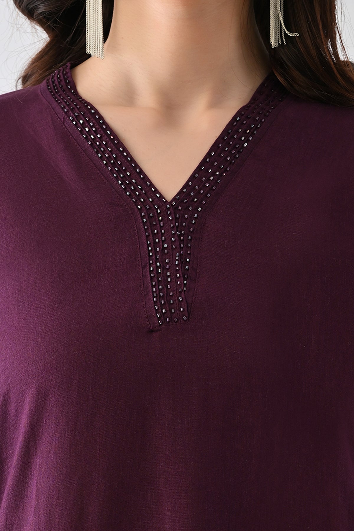 Purple Embellished V-Neck Kurta 2 Pcs Set