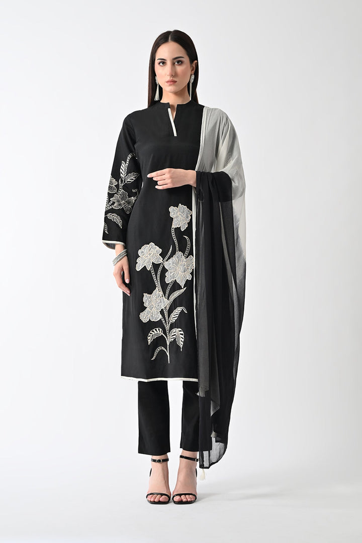Black Embroidered Straight Kurta Set (3 Piece)