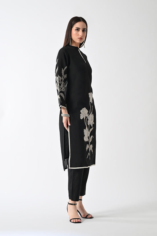 Black Embroidered Straight Kurta 3 Pcs Set