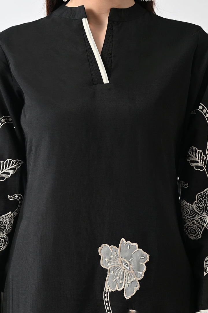 Black Embroidered Straight Kurta Set (3 Piece)