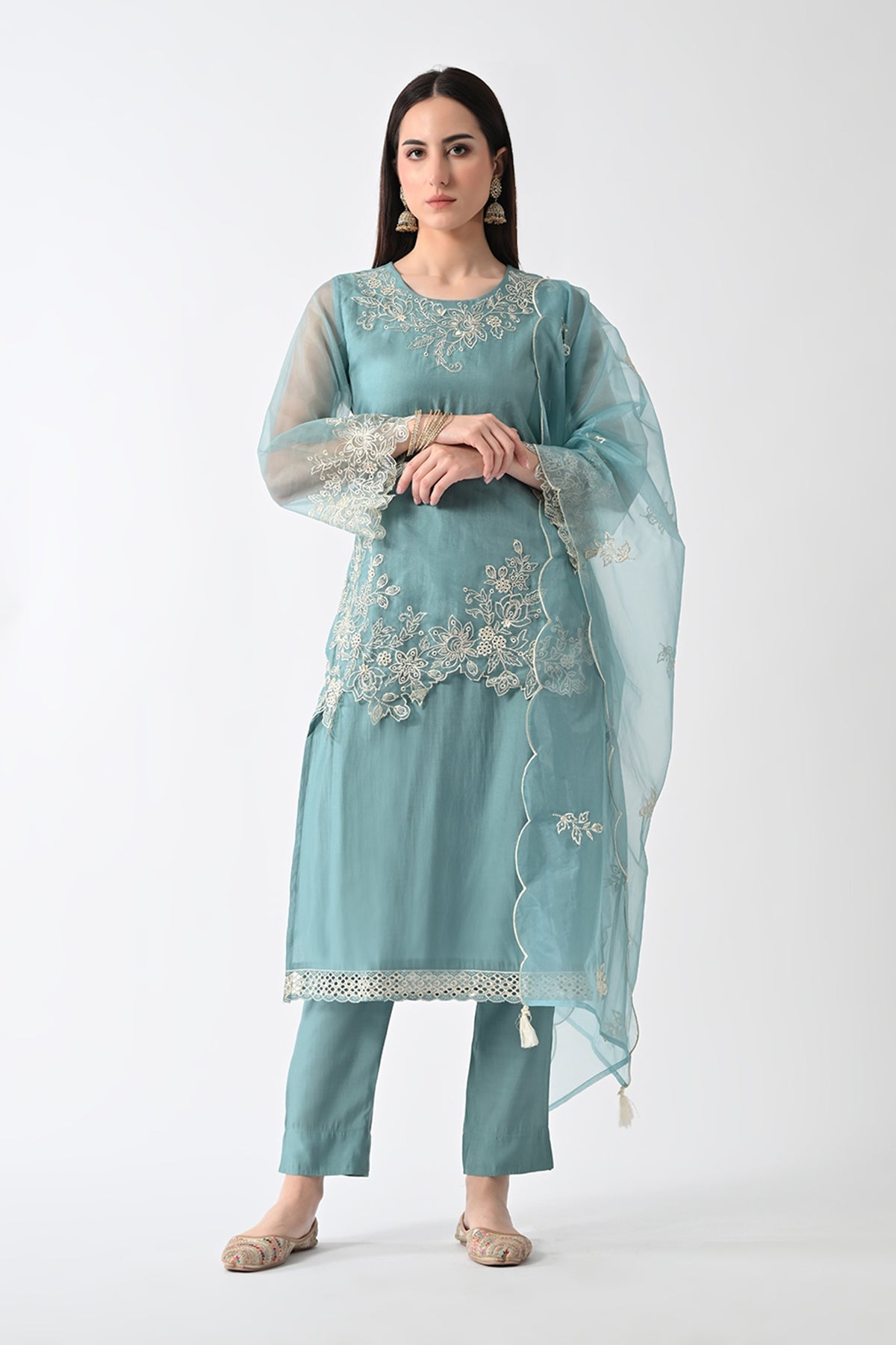 Green Embroidered Straight Kurta Set (3 Piece)