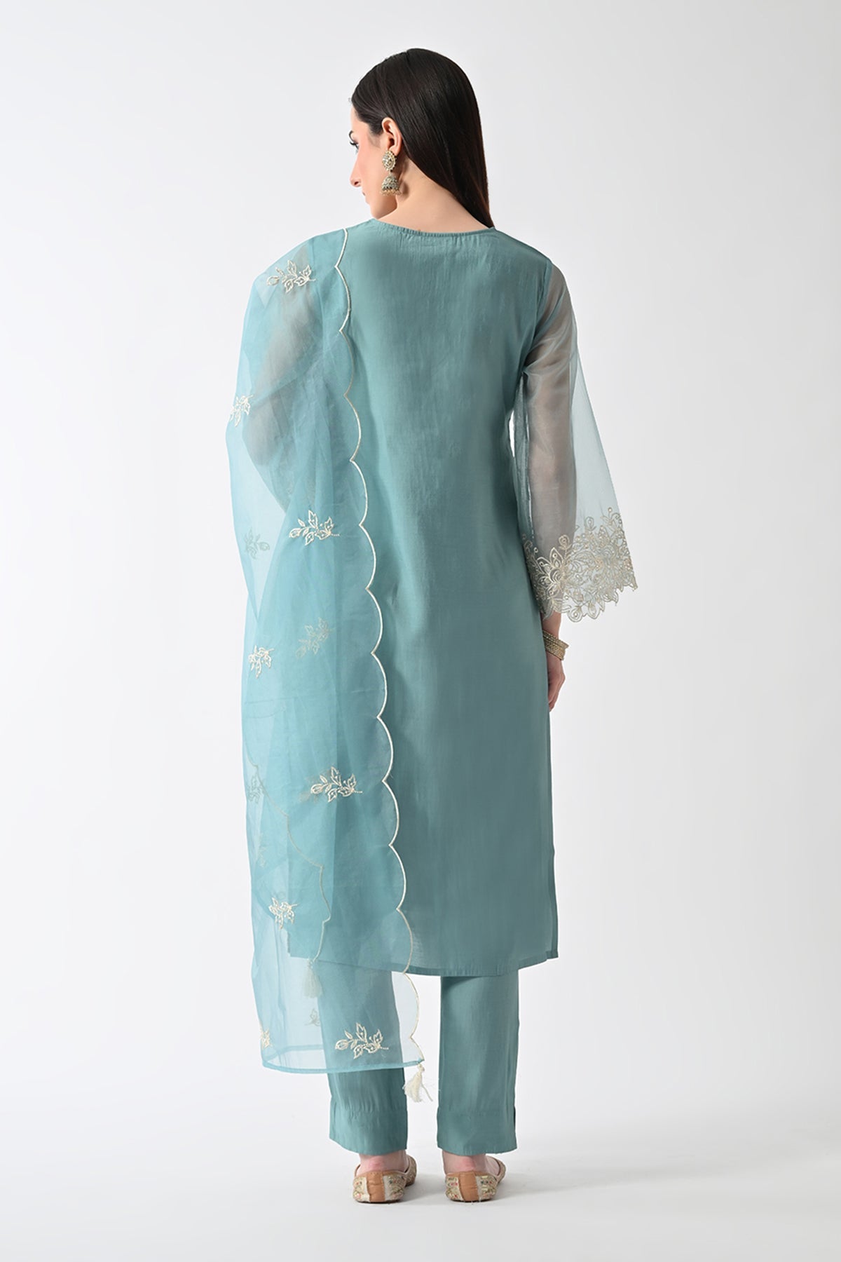 Green Embroidered Straight Kurta Set (3 Piece)