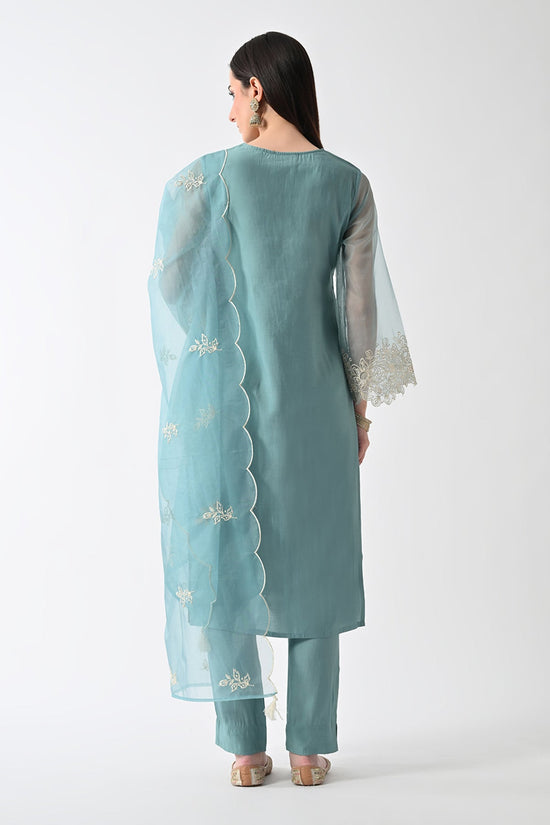 Green Embroidered Straight Kurta Set (3 Piece)