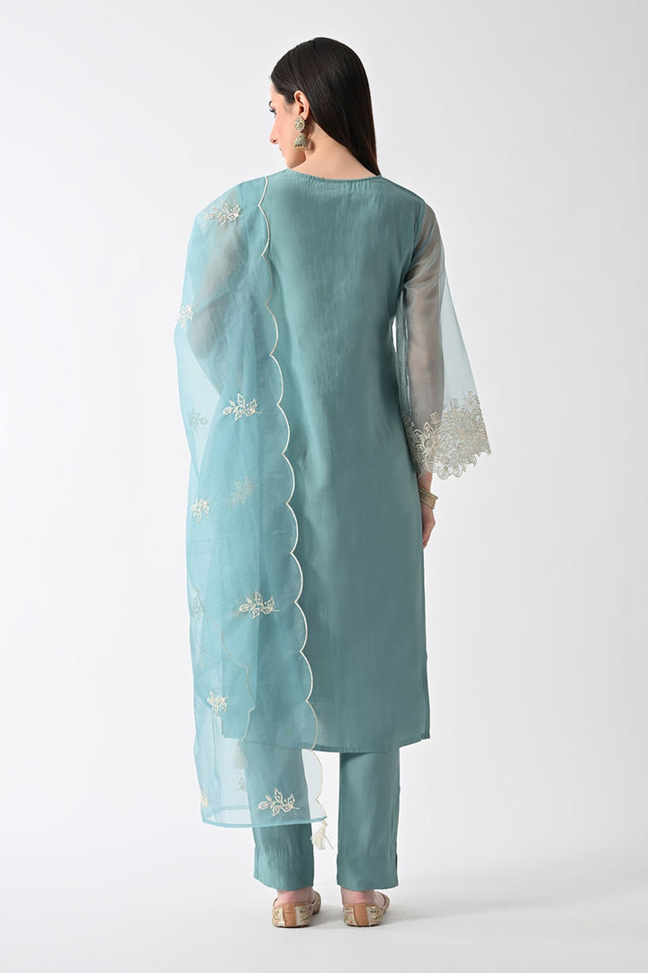 Green Embroidered Straight Kurta Set (3 Piece)