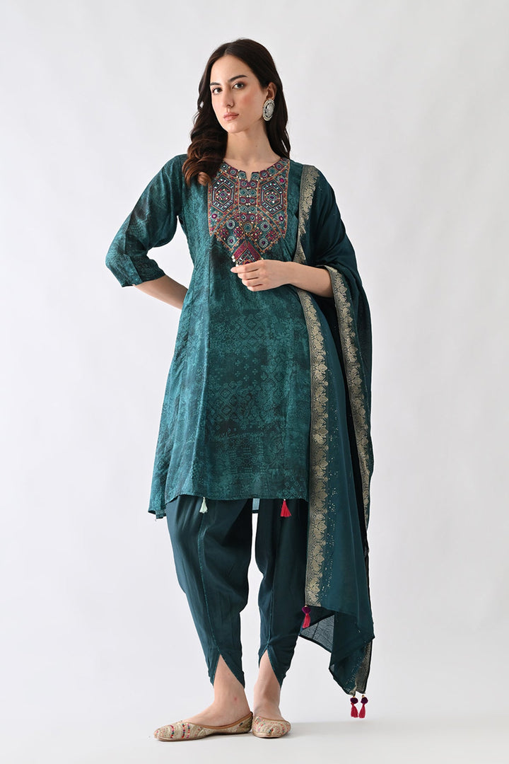 Teal Printed A-Line Kurta Set (3 Piece)