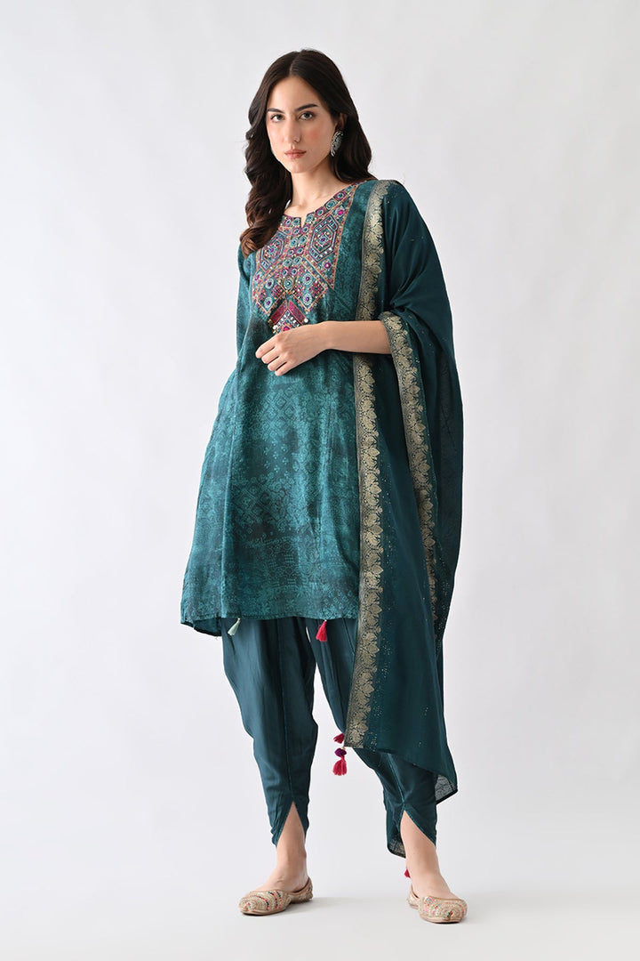 Teal Printed A-Line Kurta Set (3 Piece)