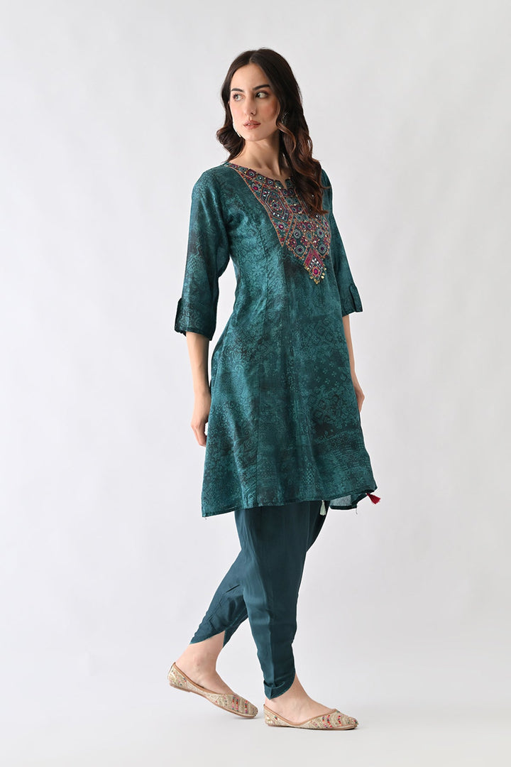 Teal Printed A-Line Kurta Set (3 Piece)