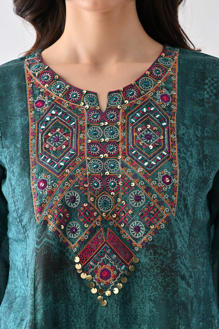 Teal Printed A-Line Kurta Set (3 Piece)