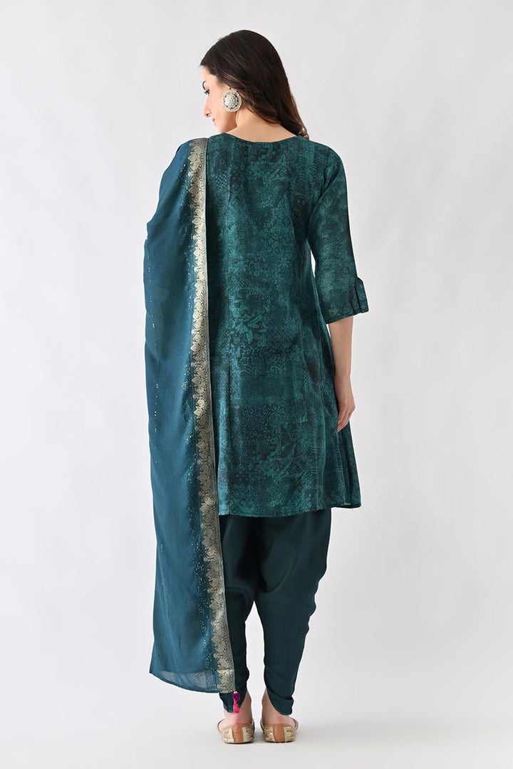 Teal Printed A-Line Kurta Set (3 Piece)