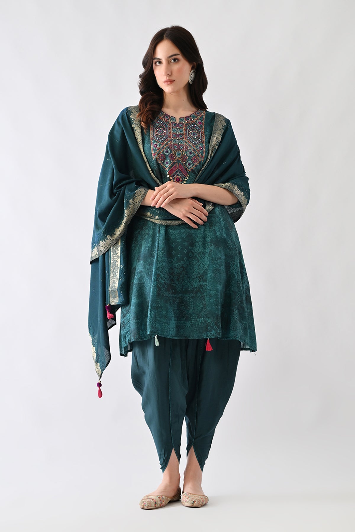 Teal Printed A-Line Kurta 3 Pcs Set