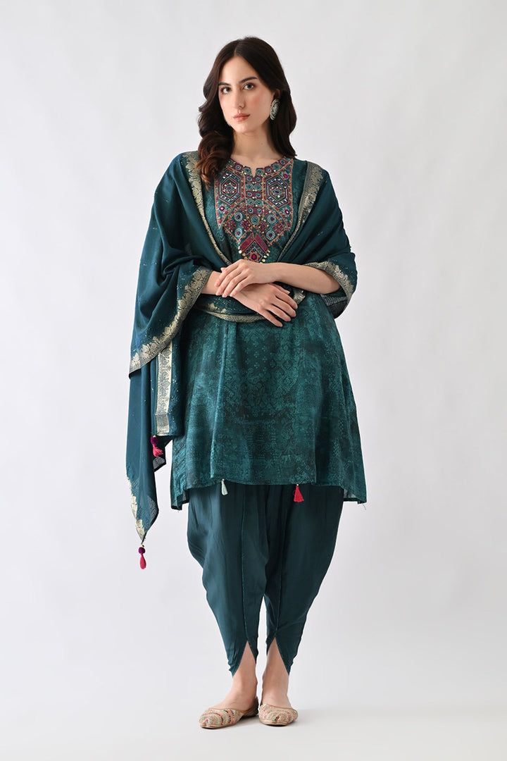 Teal Printed A-Line Kurta Set (3 Piece)
