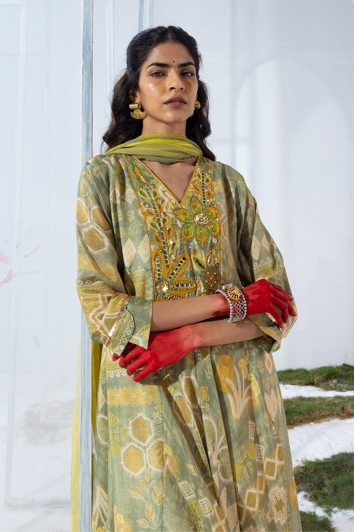 Green Embellished Flared Kurta Set