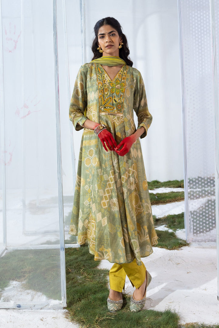 Green Embellished Flared Kurta Set