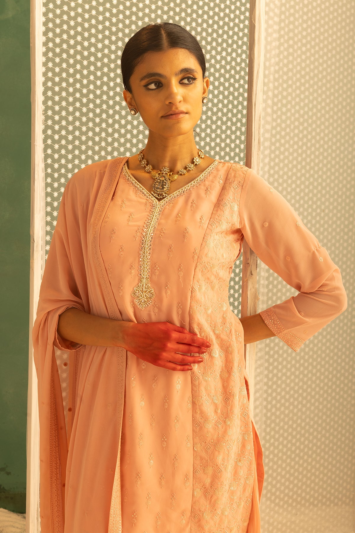 Peach Embroidered Short Kurta 3 Pcs Set