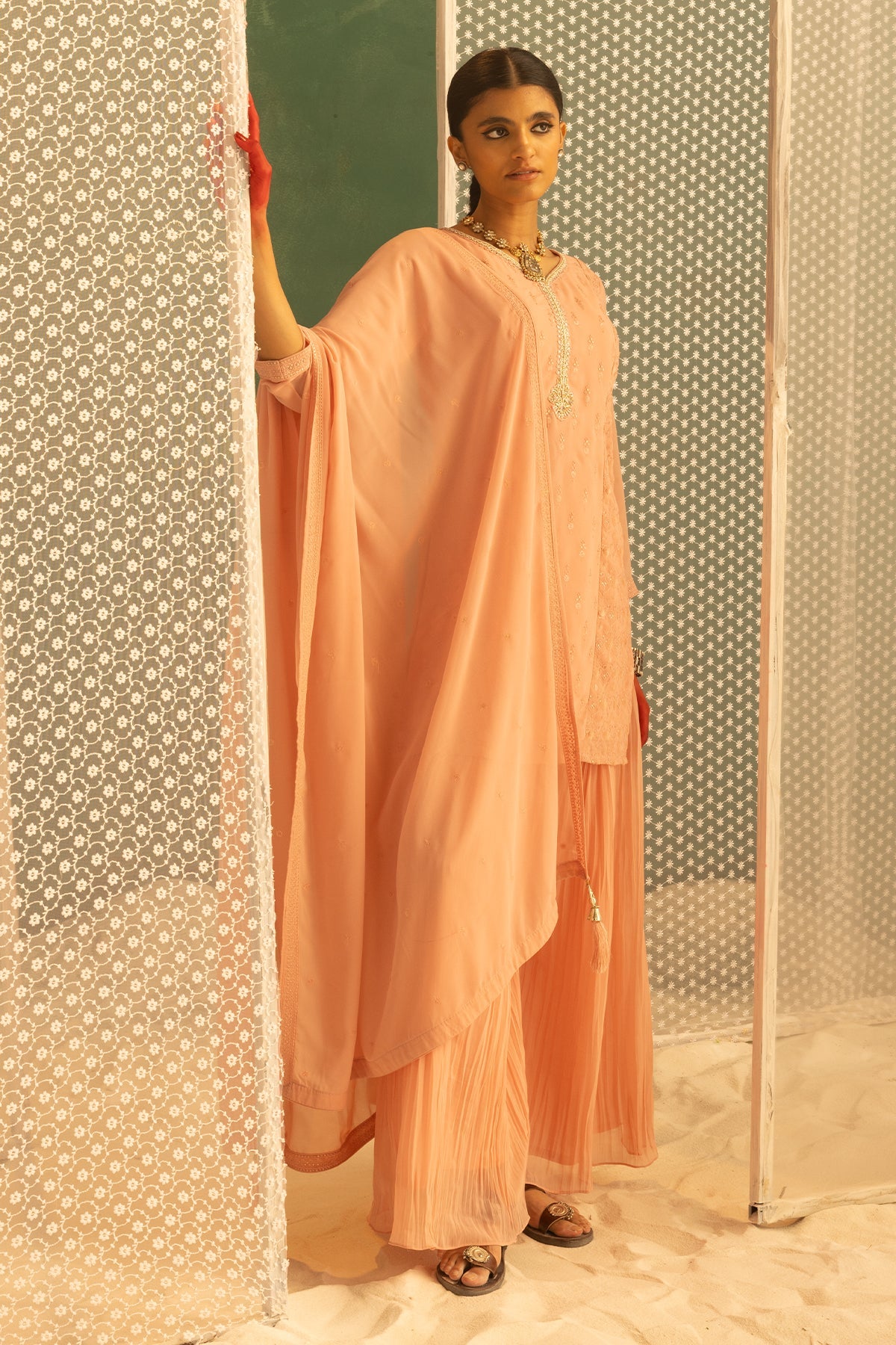 Peach Embroidered Short Kurta 3 Pcs Set