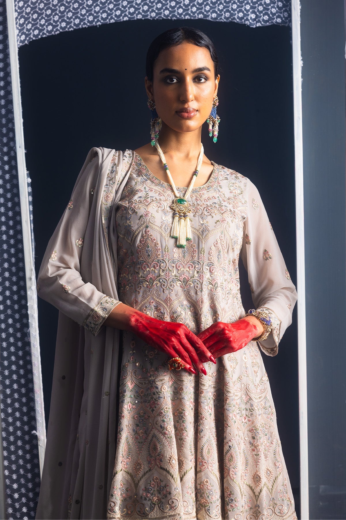 Grey Embroidered Short Kurta 3 Pcs Set