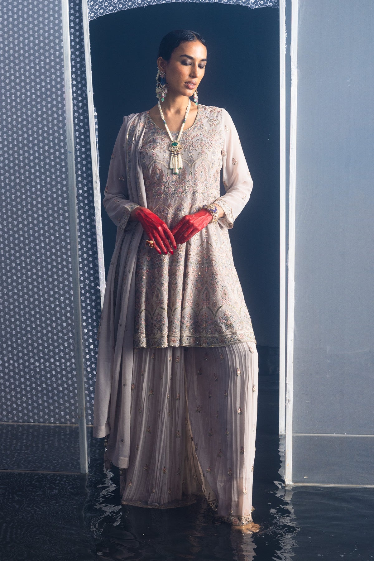 Grey Embroidered Short Kurta 3 Pcs Set