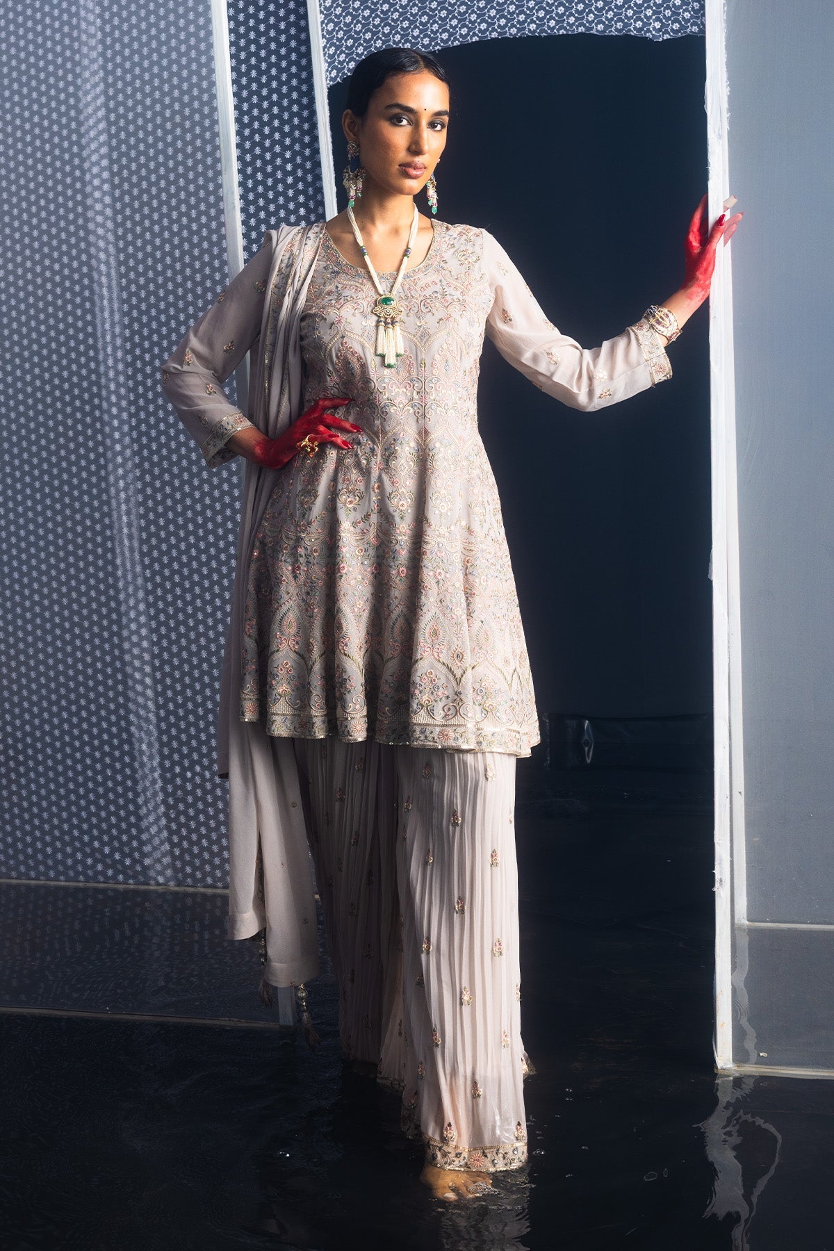 Grey Embroidered Short Kurta 3 Pcs Set