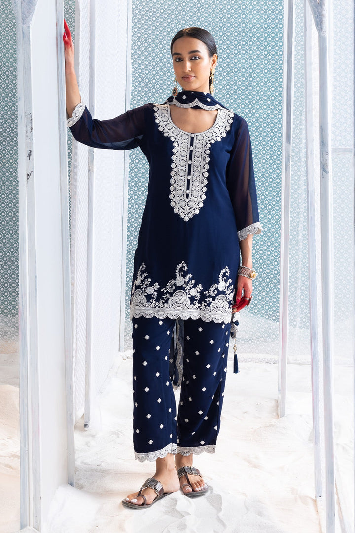 Blue Embroidered Straight Kurta Set